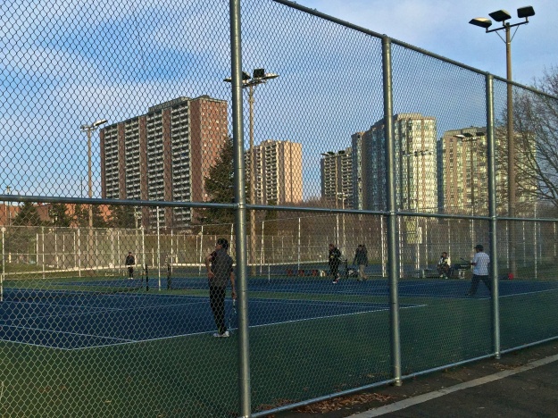 Tennis players enjoying a mild December in Lions Park.